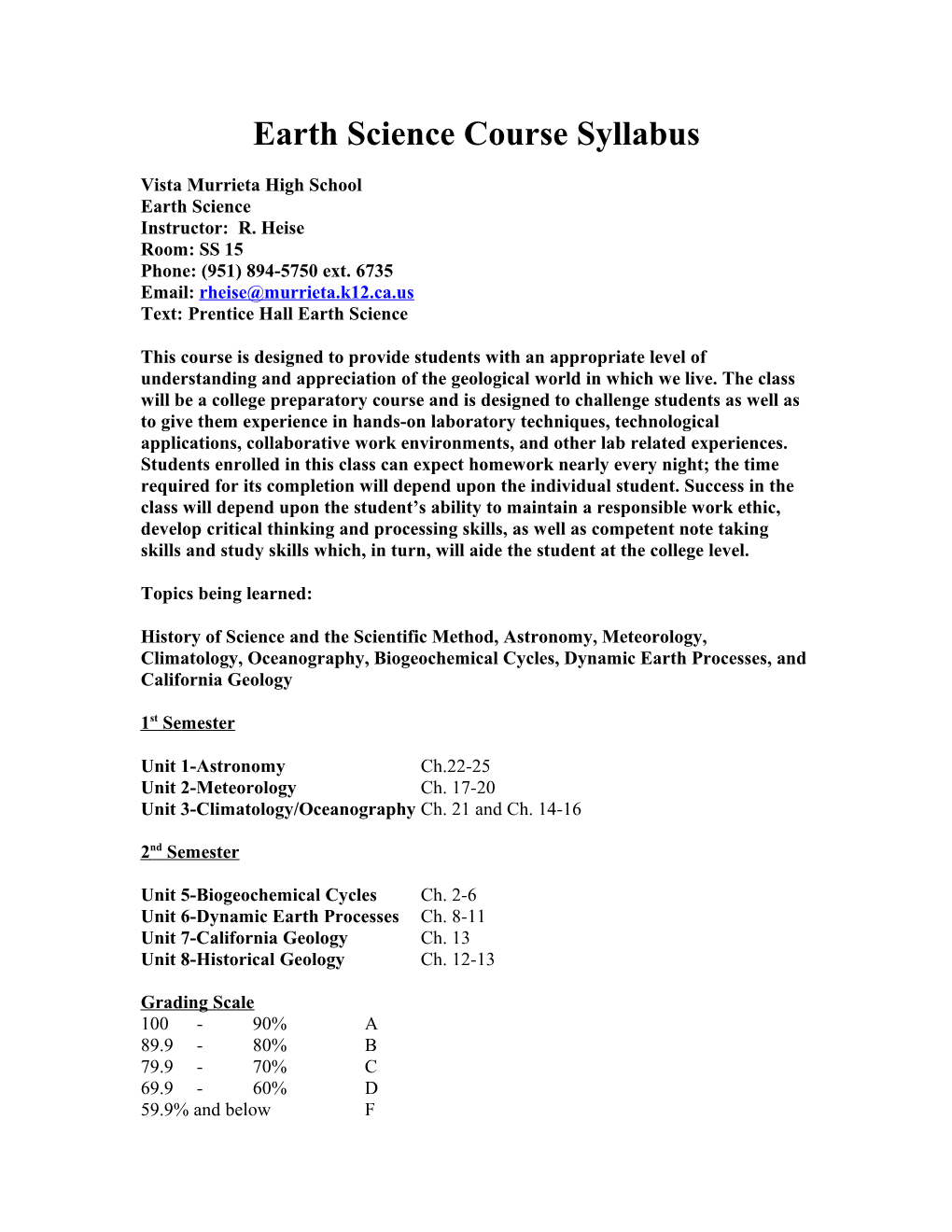 Earth Science Course Syllabus