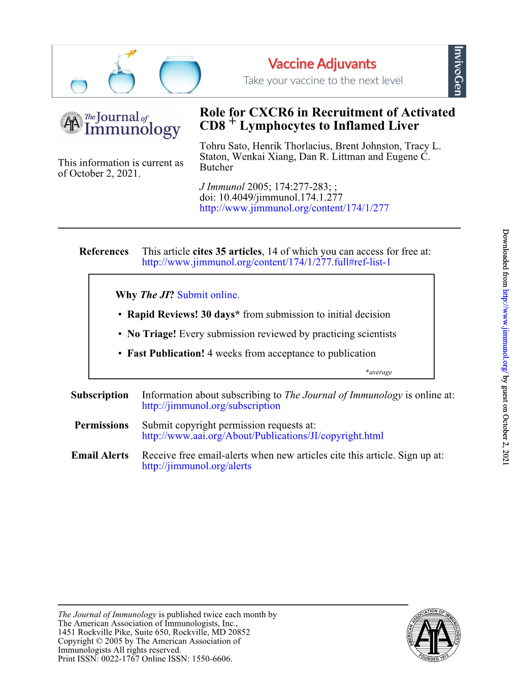 Lymphocytes to Inflamed Liver + CD8 Role for CXCR6 in Recruitment Of