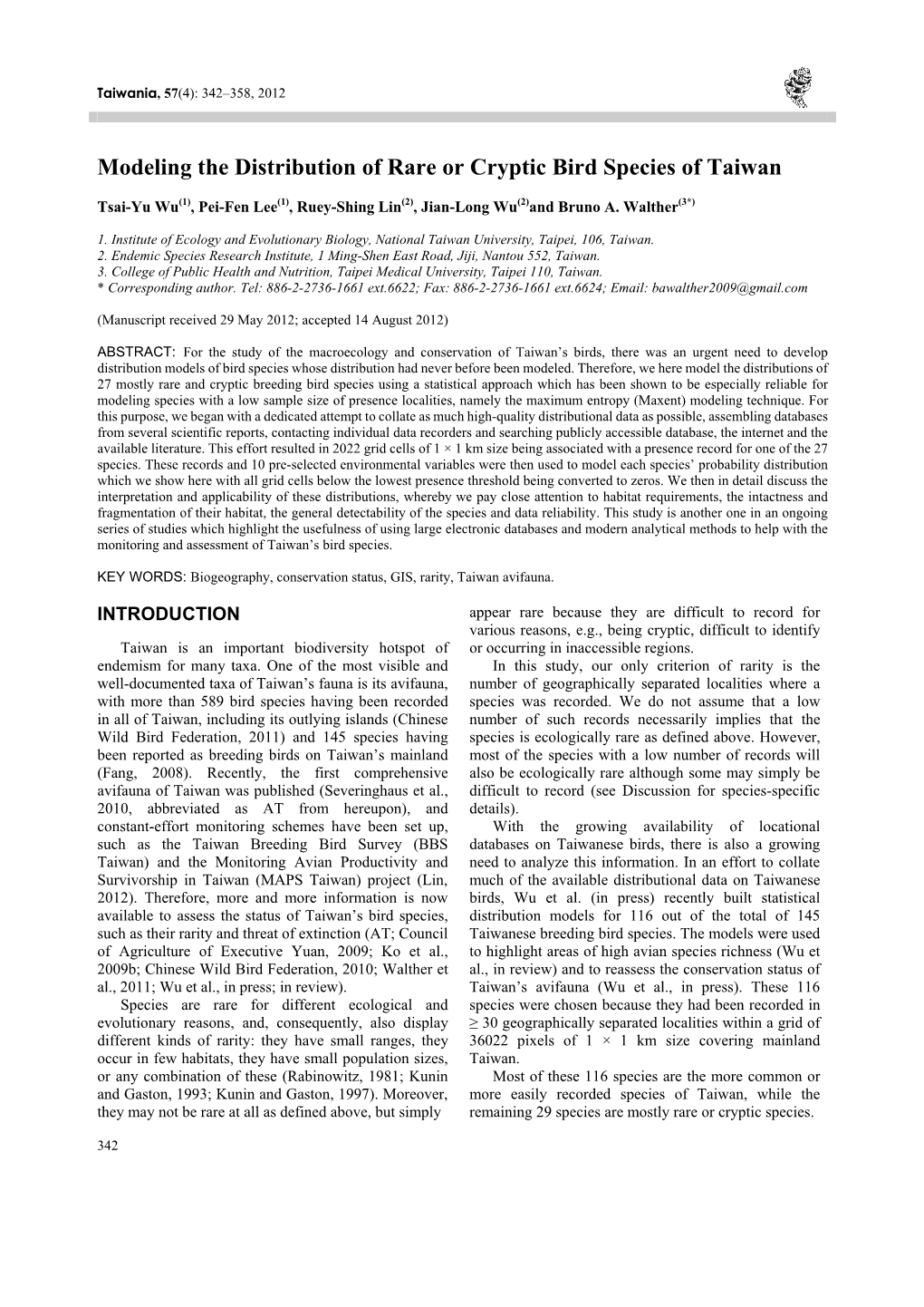 Modeling the Distribution of Rare Or Cryptic Bird Species of Taiwan