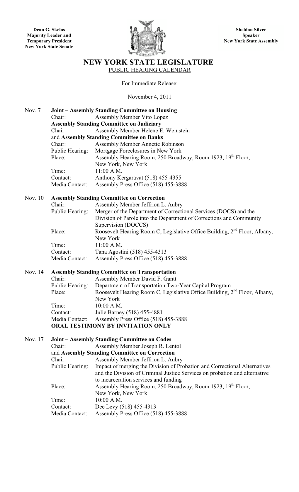 New York State Legislature Public Hearing Calendar