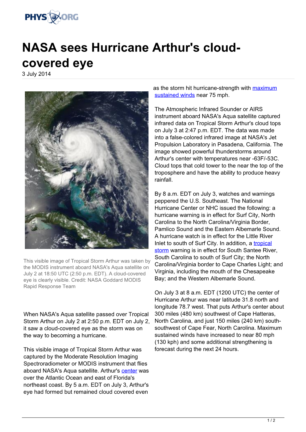 NASA Sees Hurricane Arthur's Cloud-Covered