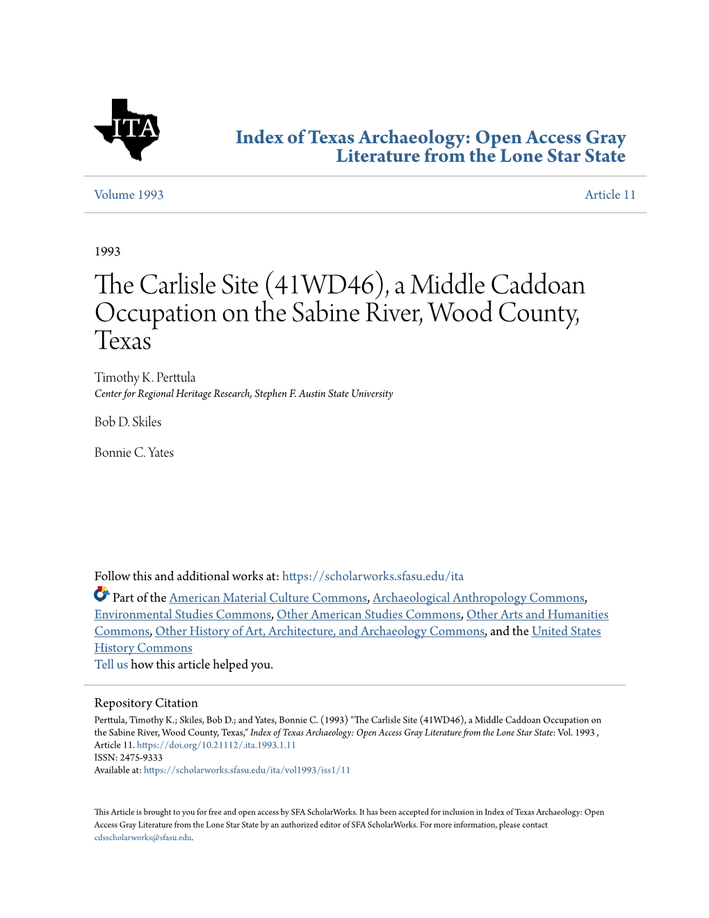 A Middle Caddoan Occupation on the Sabine River, Wood County, Texas Timothy K