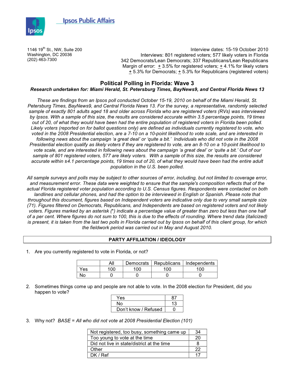 Political Polling in Florida: Wave 3 Research Undertaken For: Miami Herald, St