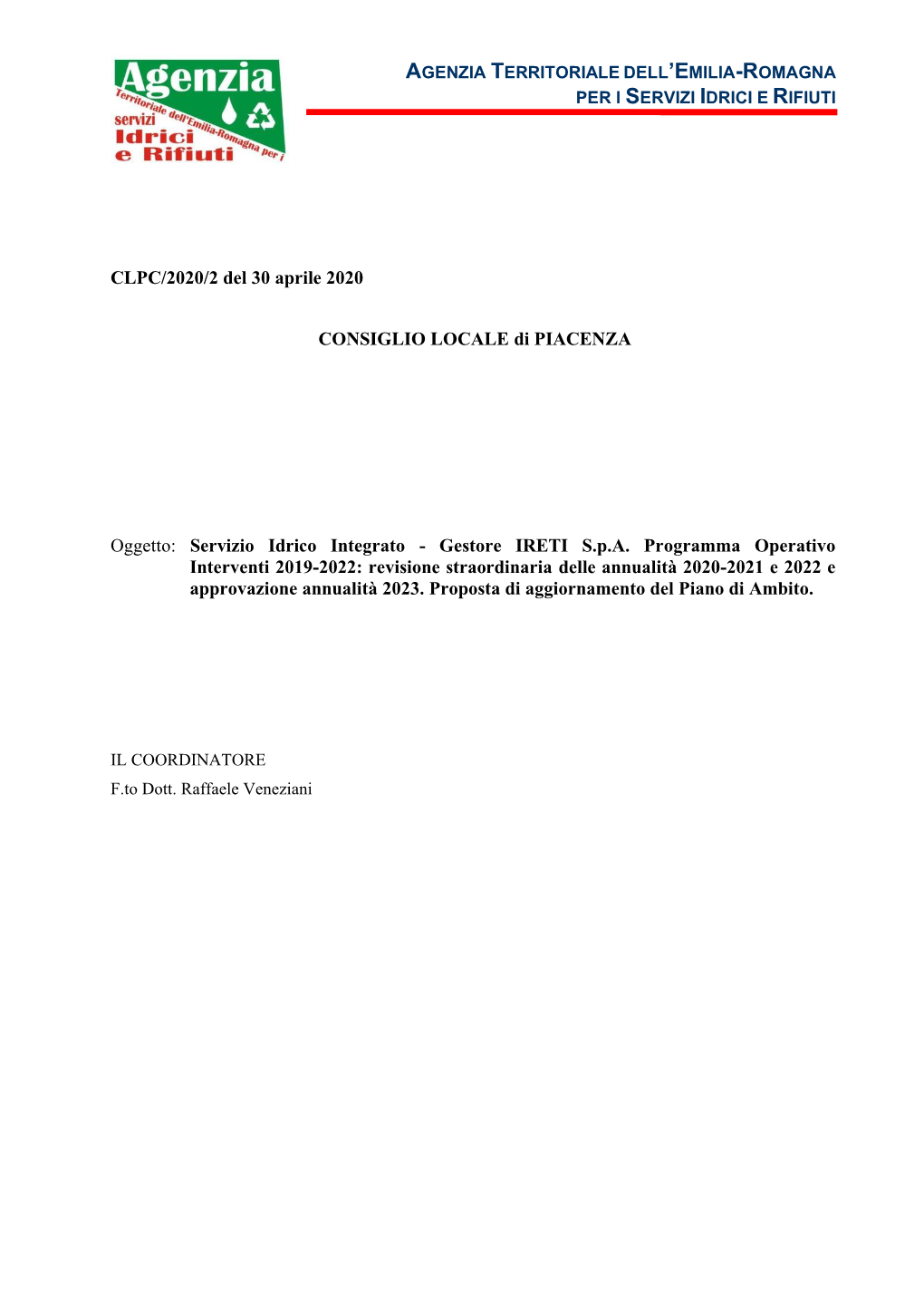 CLPC/2020/2 Del 30 Aprile 2020 CONSIGLIO LOCALE Di PIACENZA