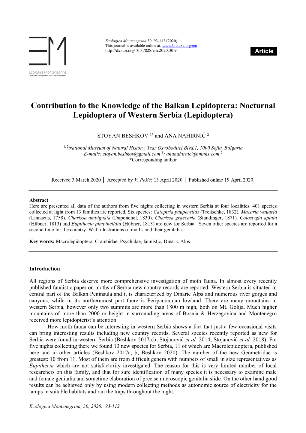 Contribution to the Knowledge of the Balkan Lepidoptera: Nocturnal Lepidoptera of Western Serbia (Lepidoptera)