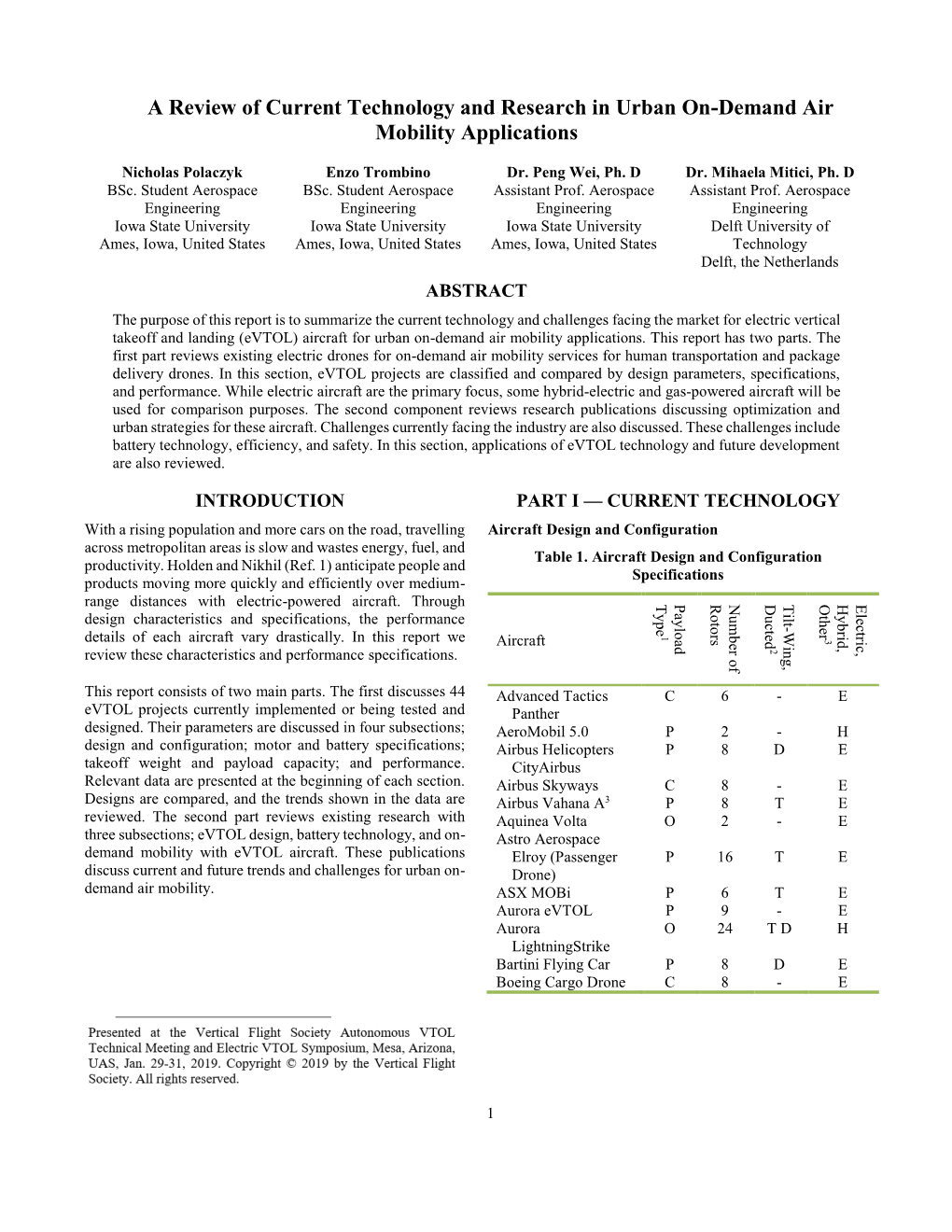 A Review of Current Technology and Research in Urban On-Demand Air Mobility Applications