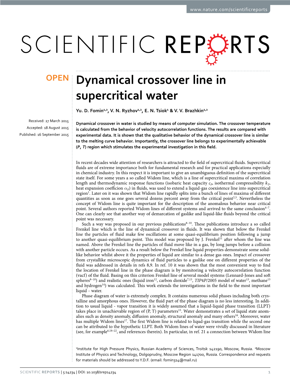 Dynamical Crossover Line in Supercritical Water