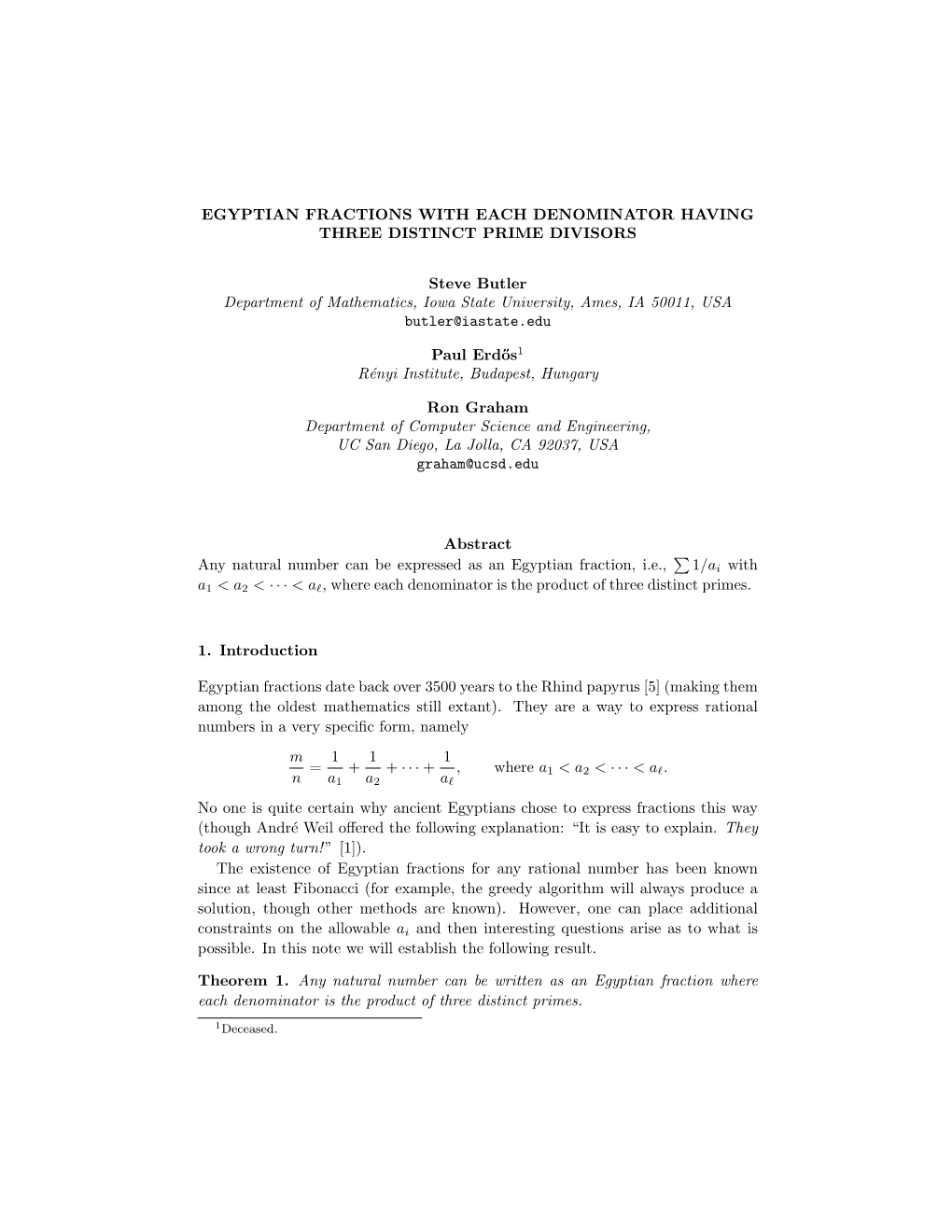 Egyptian Fractions with Each Denominator Having Three Distinct Prime Divisors