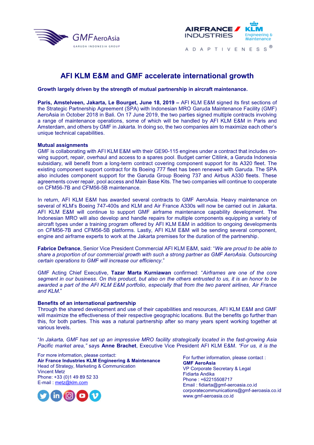 AFI KLM E&M and GMF Accelerate International Growth