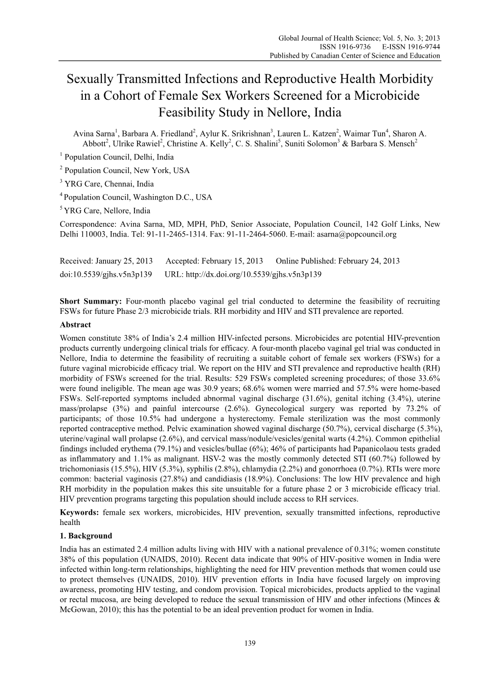 Sexually Transmitted Infections and Reproductive Health Morbidity in a Cohort of Female Sex Workers Screened for a Microbicide Feasibility Study in Nellore, India