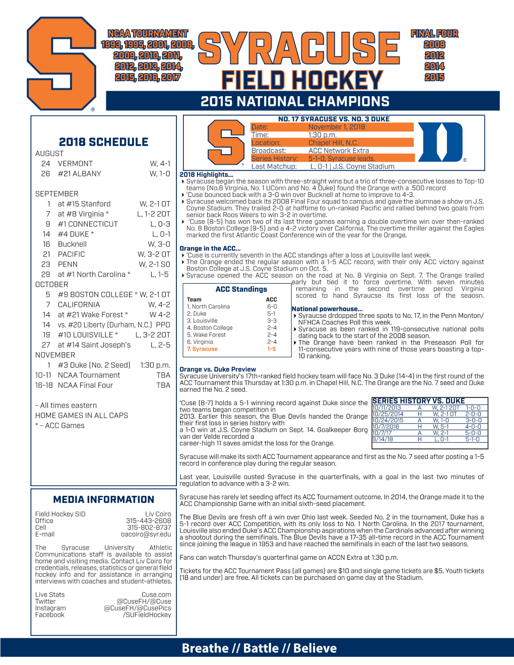 Syracuse 2014 2015, 2016, 2017 Field Hockey 2015 2015 National Champions No