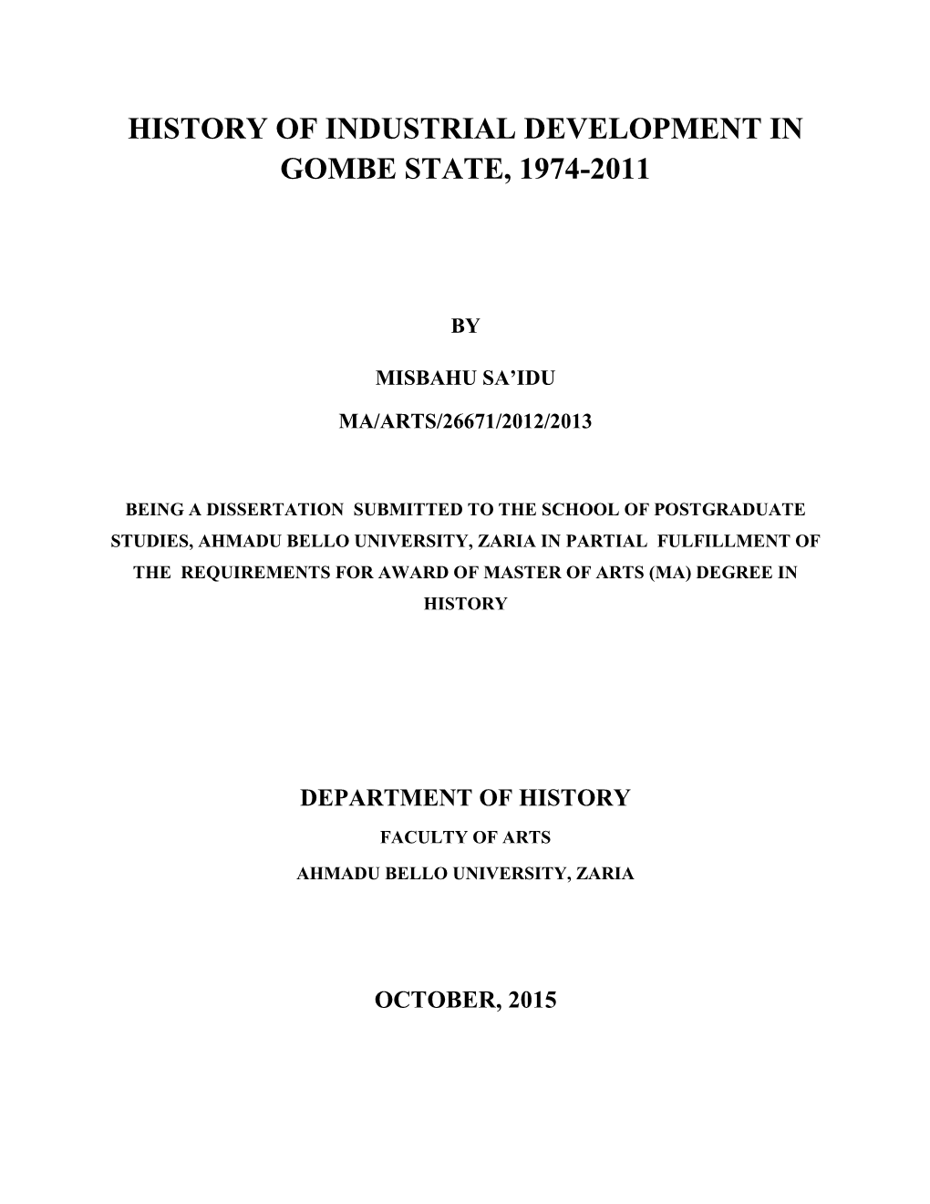 History of Industrial Development in Gombe State, 1974-2011