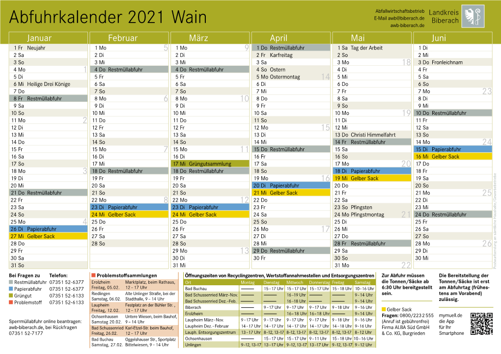 Abfuhrkalender 2021 Wain