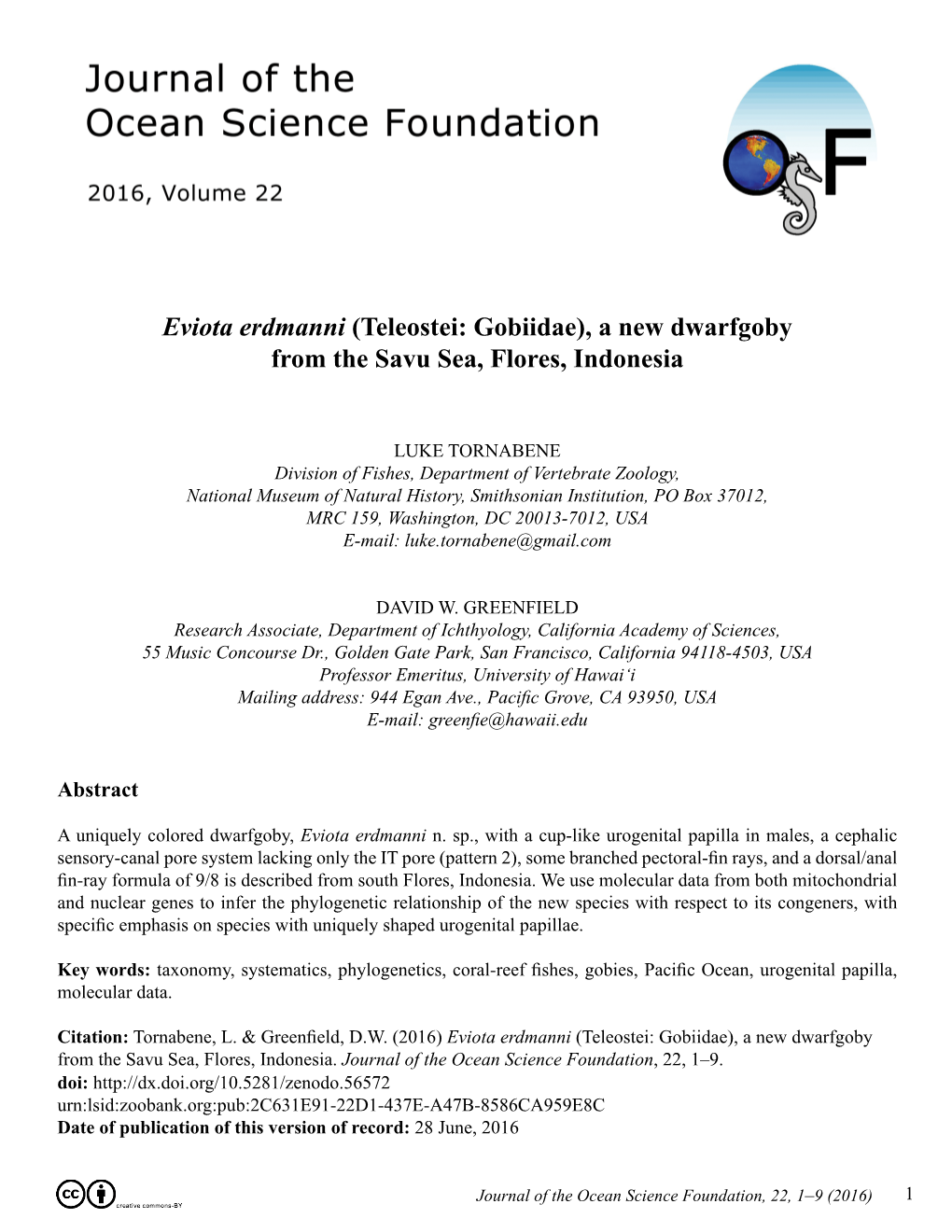 Eviota Erdmanni (Teleostei: Gobiidae), a New Dwarfgoby from the Savu Sea, Flores, Indonesia