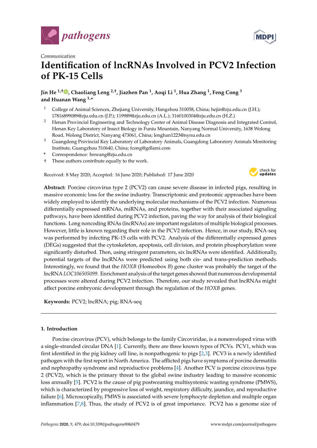 Identification of Lncrnas Involved in PCV2 Infection of PK-15 Cells