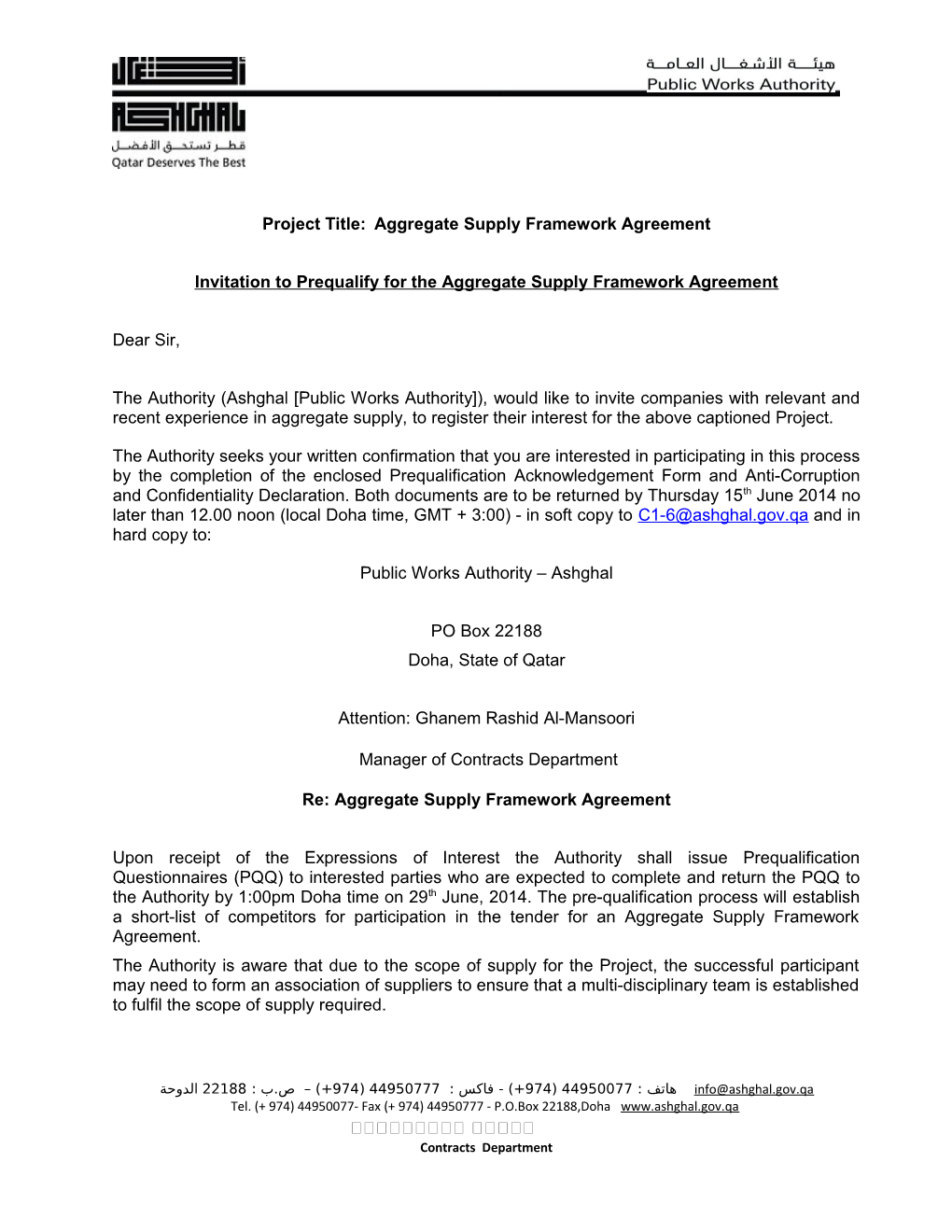 Project Title: Aggregate Supply Framework Agreement