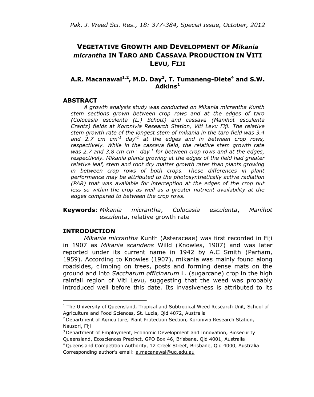VEGETATIVE GROWTH and DEVELOPMENT of Mikania Micrantha in TARO and CASSAVA PRODUCTION in VITI LEVU, FIJI
