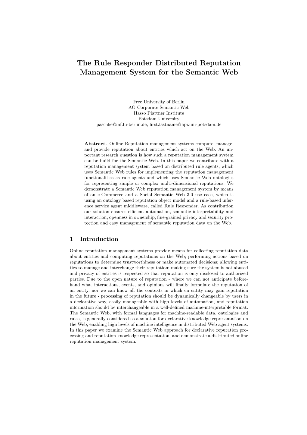 The Rule Responder Distributed Reputation Management System for the Semantic Web