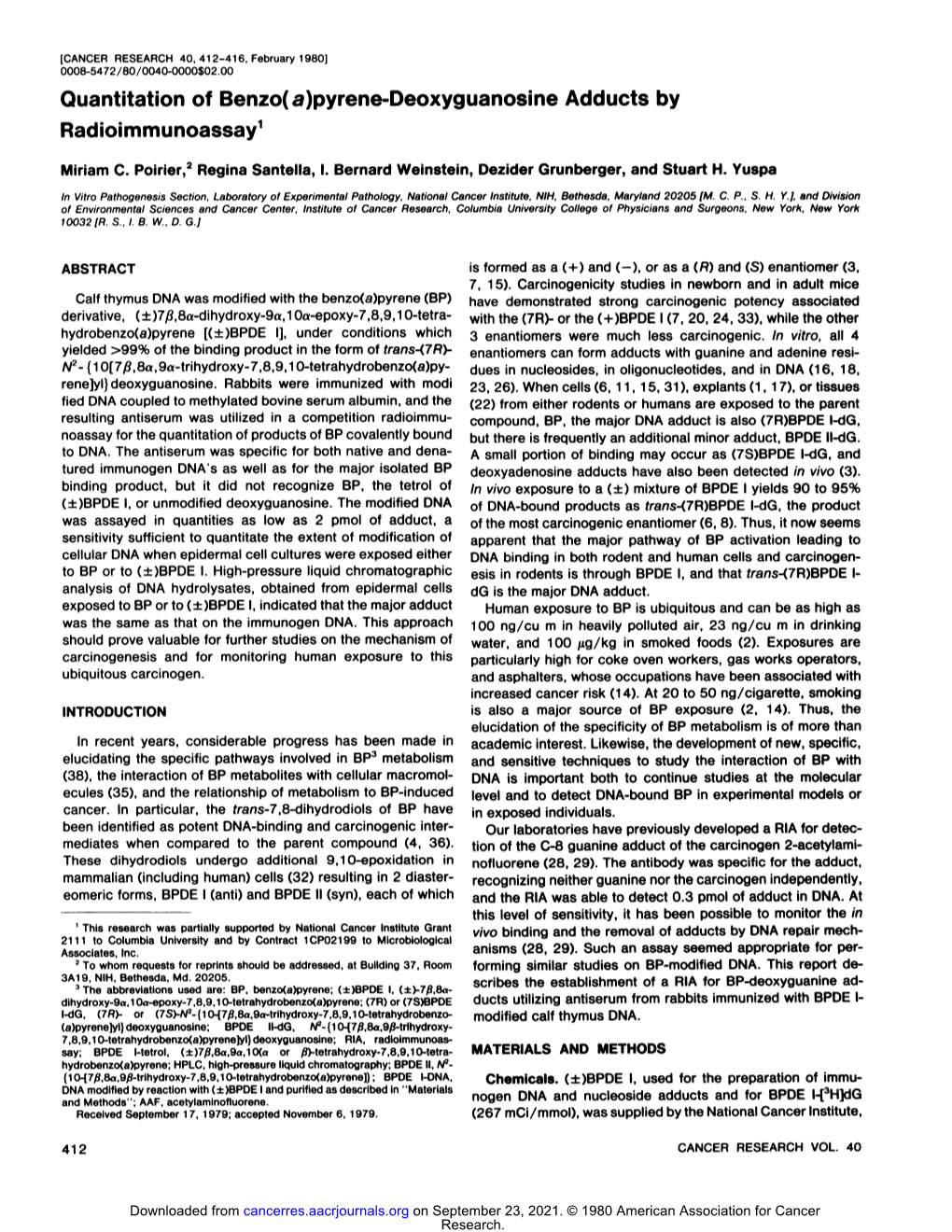 Quantitation of Benzo(A)Pyrene-Deoxyguanosine Adducts by Radioimmunoassay1