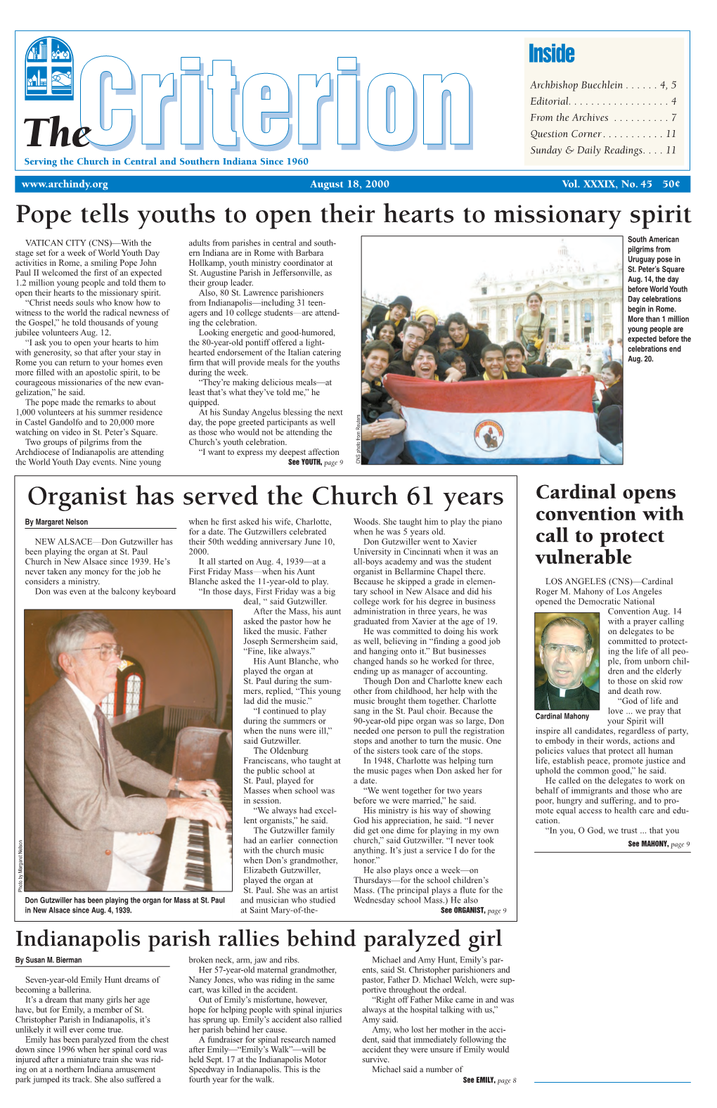 Pope Tells Youths to Open Their Hearts to Missionary Spirit Organist