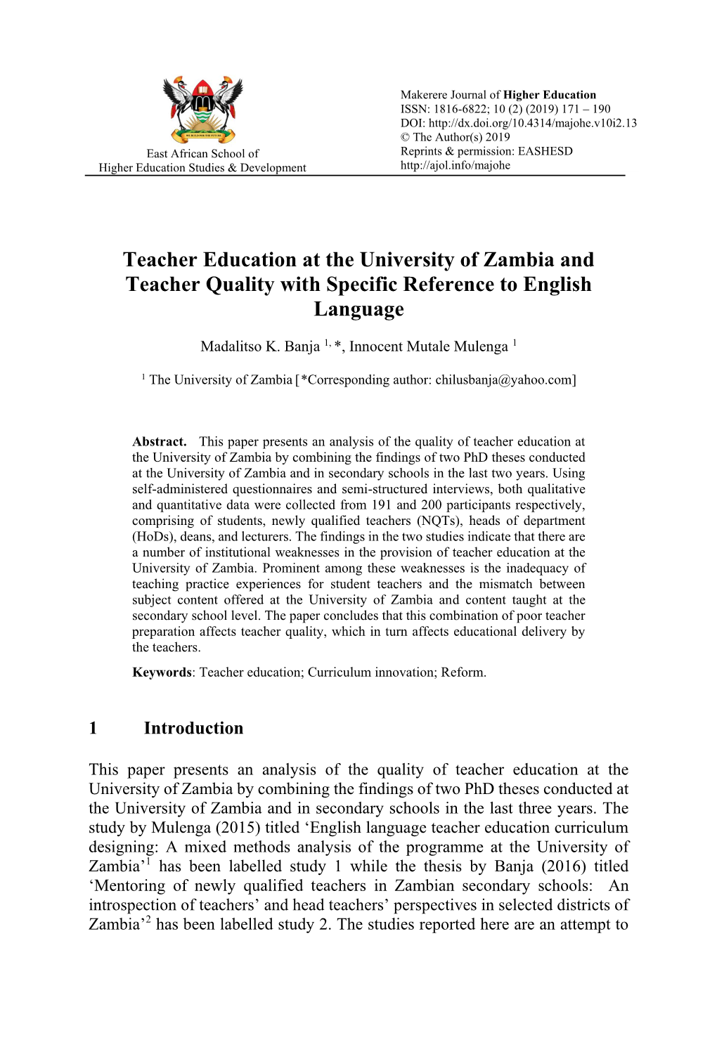Teacher Education at the University of Zambia and Teacher Quality With
