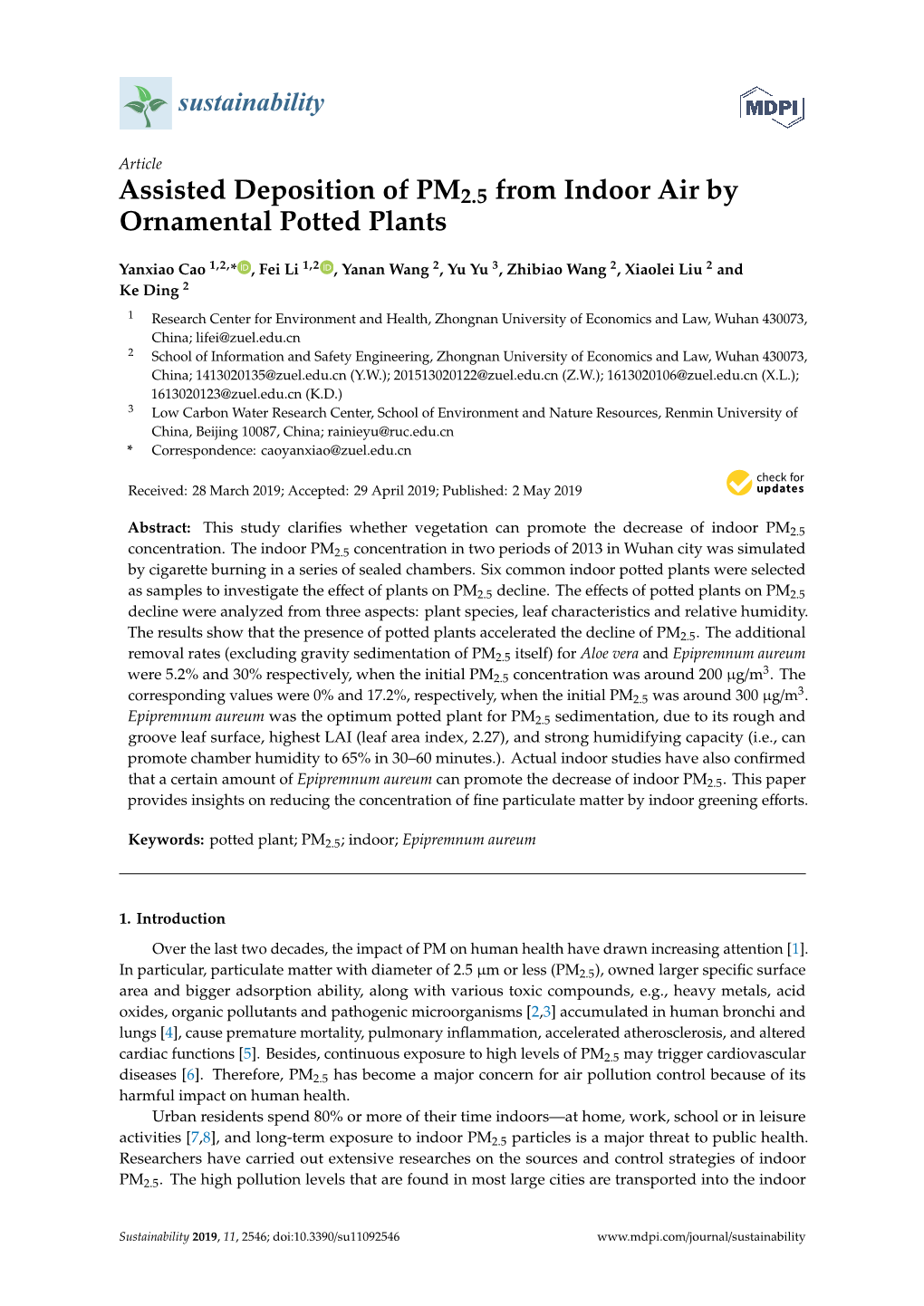 Assisted Deposition of PM2.5 from Indoor Air by Ornamental Potted Plants