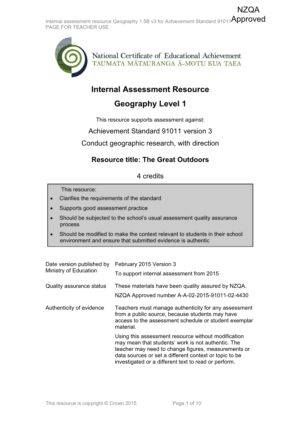 Level 1 Geography Internal Assessment Resource