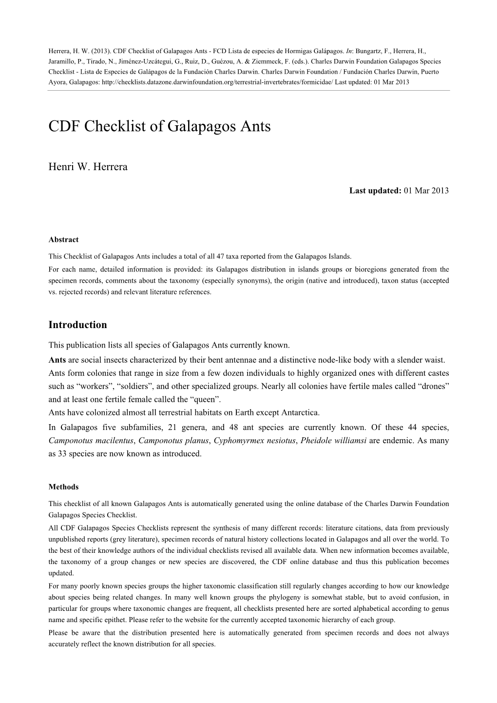 CDF Checklist of Galapagos Ants - FCD Lista De Especies De Hormigas Galápagos