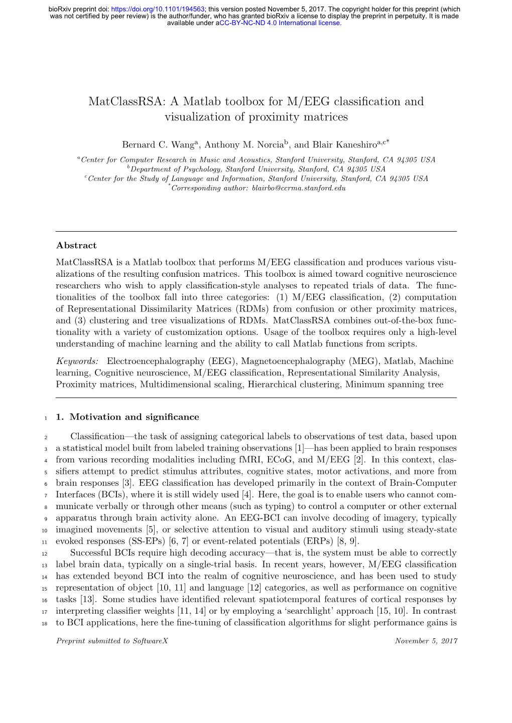 A Matlab Toolbox for M/EEG Classification and Visualization of Proximity Matrices