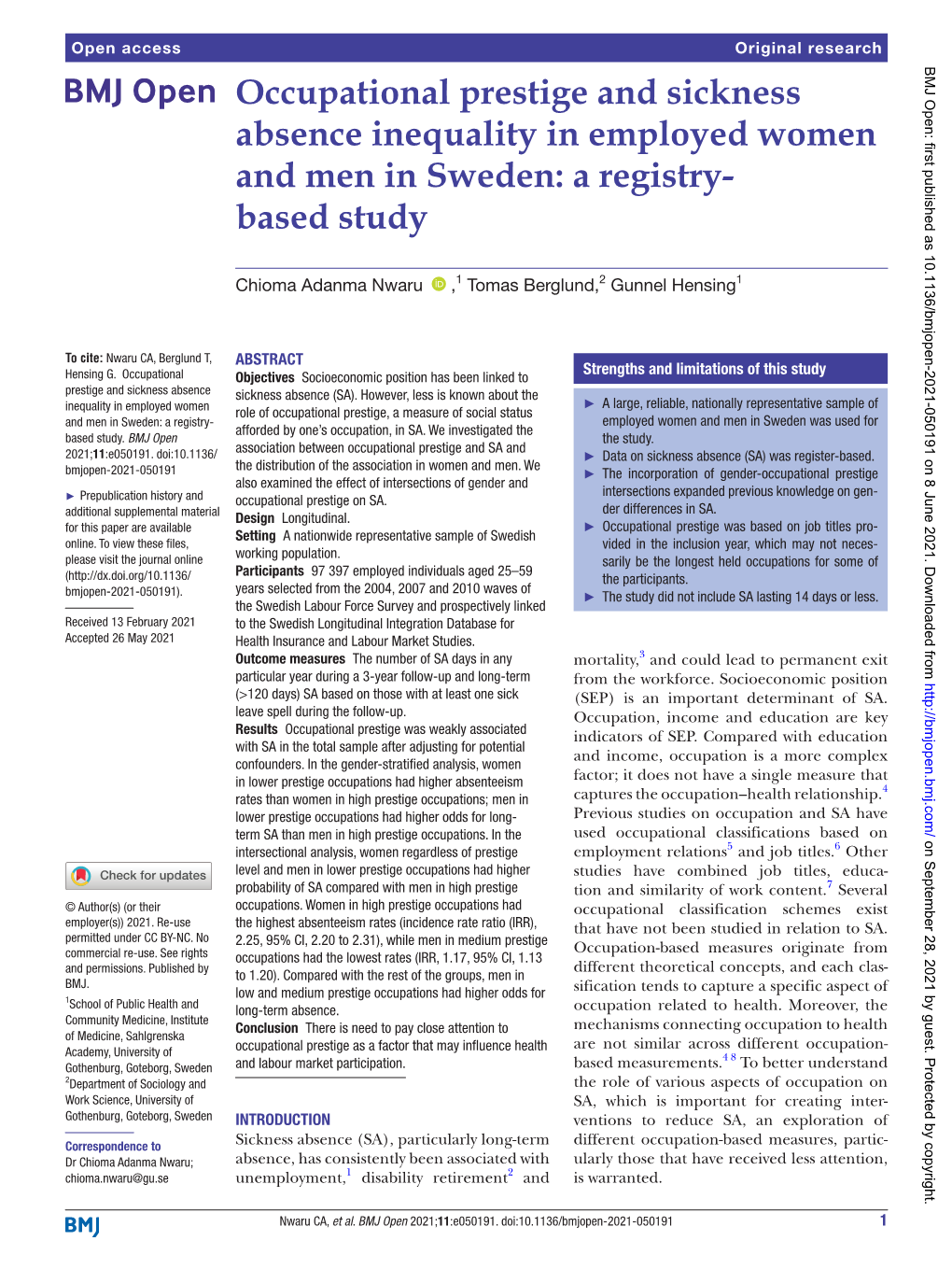 Occupational Prestige and Sickness Absence Inequality in Employed Women and Men in Sweden: a Registry-­ Based Study