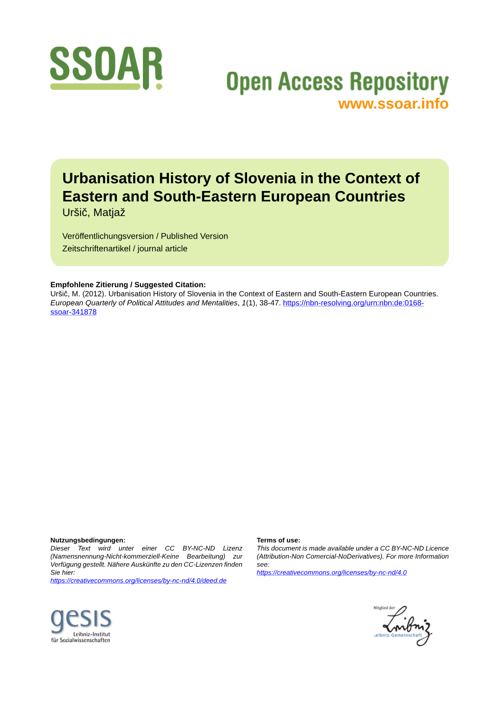 Urbanisation History of Slovenia in the Context of Eastern and South-Eastern European Countries Uršič, Matjaž