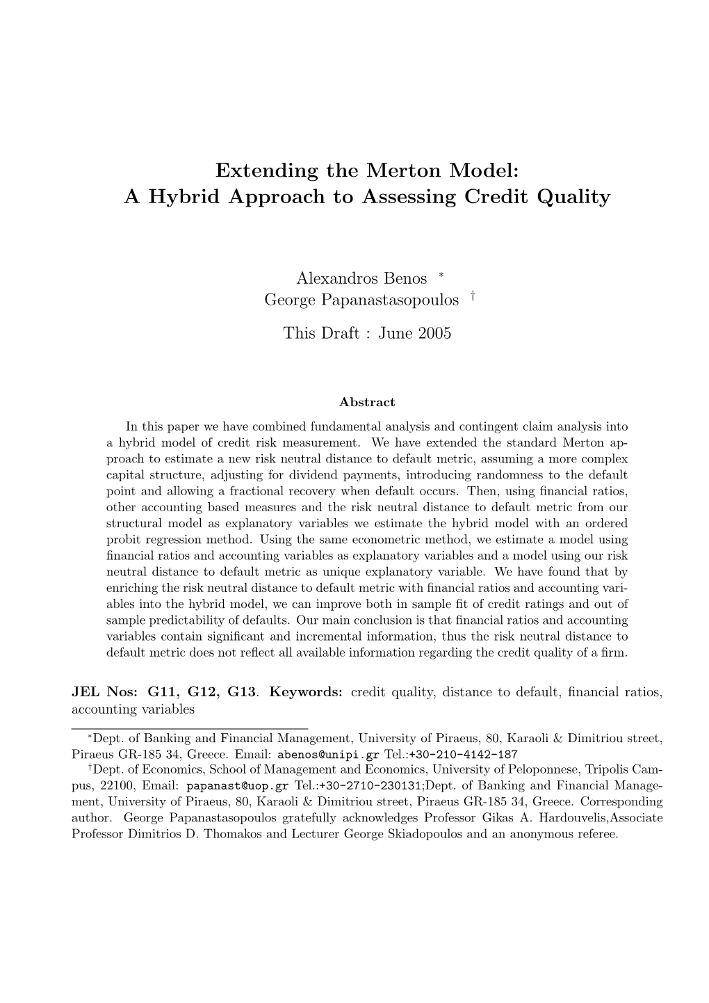 Extending the Merton Model: a Hybrid Approach to Assessing Credit Quality
