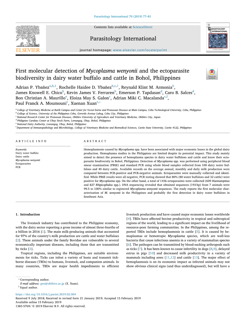 First Molecular Detection of Mycoplasma Wenyonii and the Ectoparasite Biodiversity in Dairy Water Buffalo and Cattle in Bohol, P