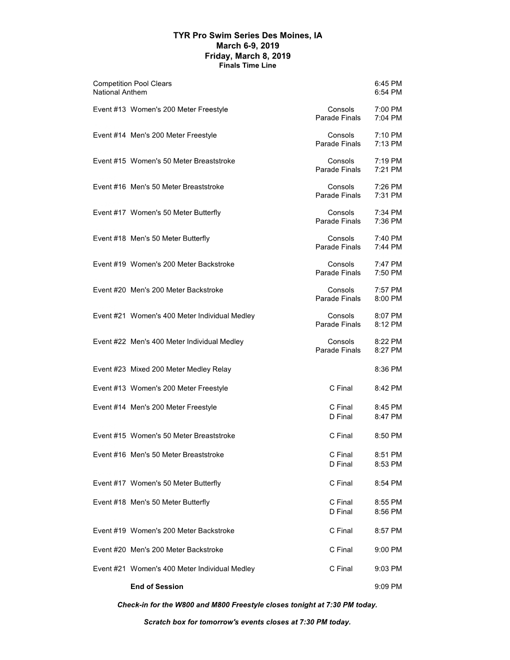 TYR Pro Swim Series Des Moines, IA March 6-9, 2019 Friday, March 8, 2019 Finals Time Line