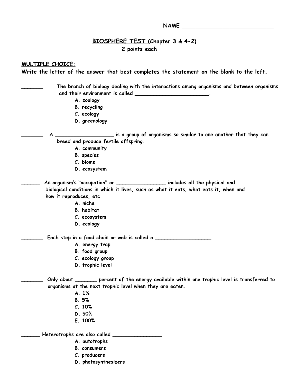 BIOSPHERE TEST (Chapter 3 & 4-2)