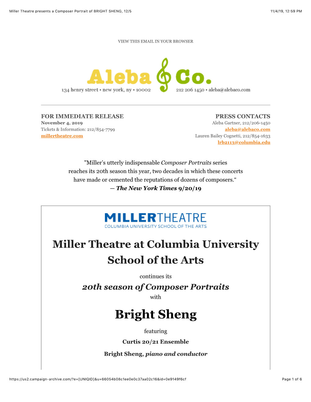 Miller Theatre Presents a Composer Portrait of BRIGHT SHENG, 12/5 11/4/19, 12�59 PM