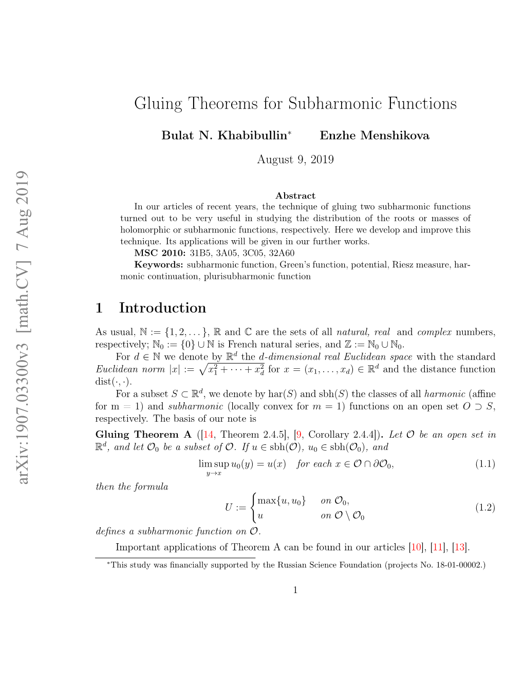 Gluing Theorems for Subharmonic Functions Arxiv:1907.03300V3