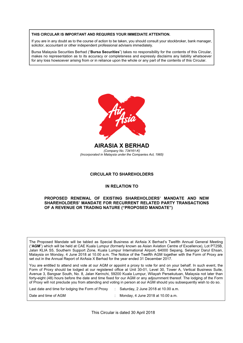 AAX Or Our : Airasia X Berhad (Company No.: 734161-K), Incorporated in Malaysia Company Or Company