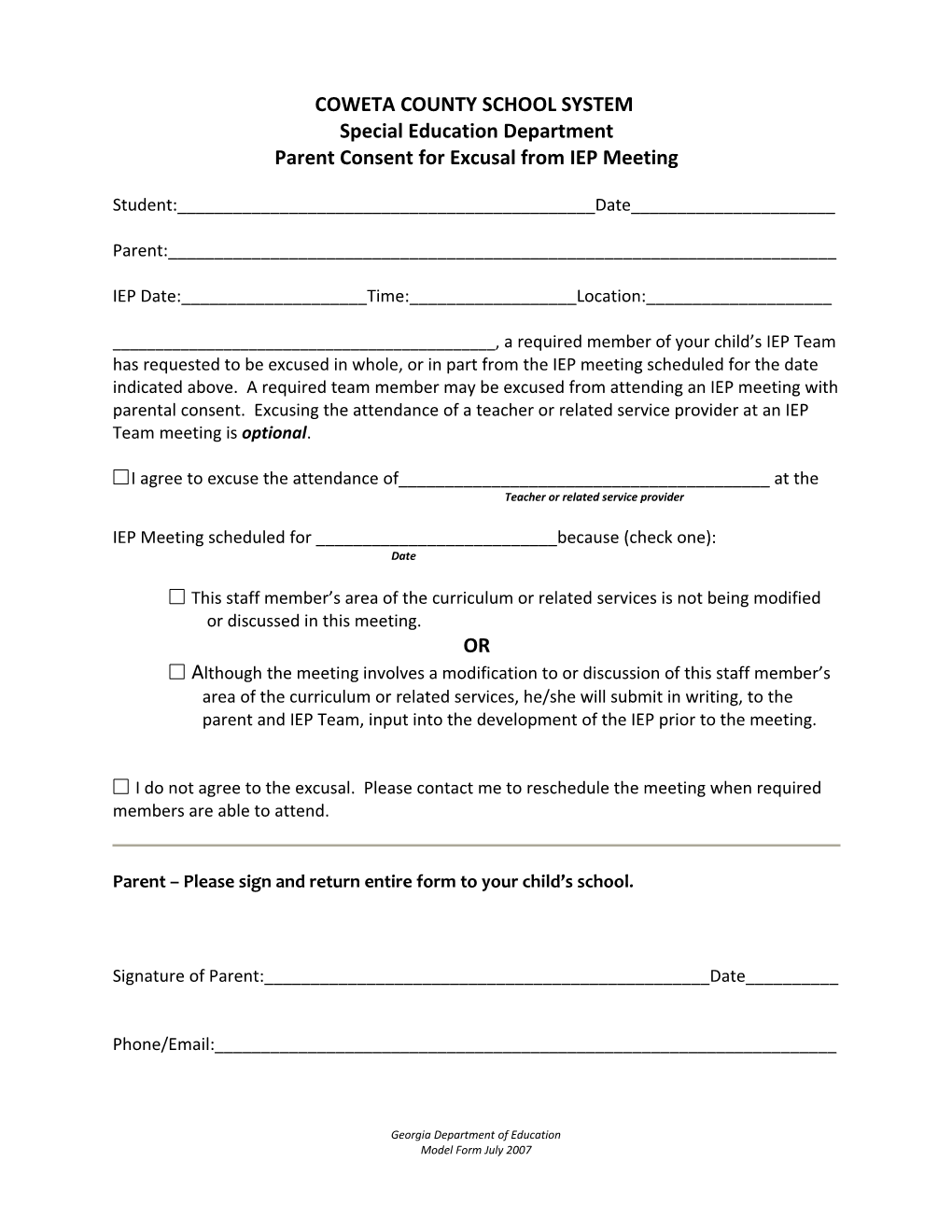 Parent Consent for Excusal from IEP Meeting