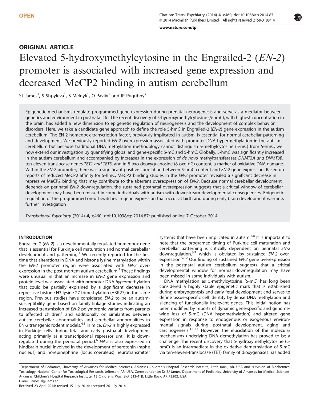 Elevated 5-Hydroxymethylcytosine in the Engrailed-2 (EN-2) Promoter Is Associated with Increased Gene Expression and Decreased Mecp2 Binding in Autism Cerebellum