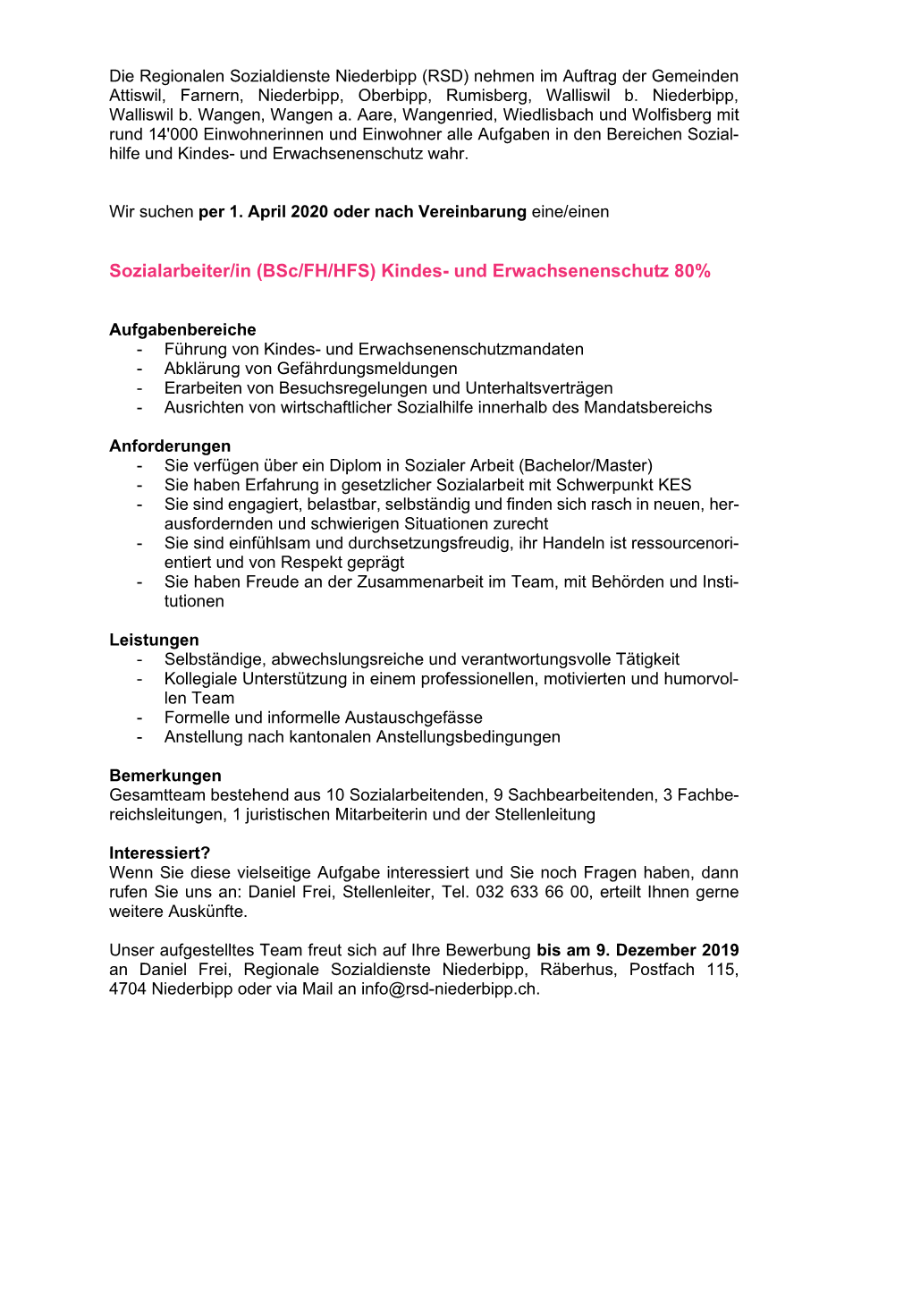 Sozialarbeiter/In (Bsc/FH/HFS) Kindes- Und Erwachsenenschutz 80%