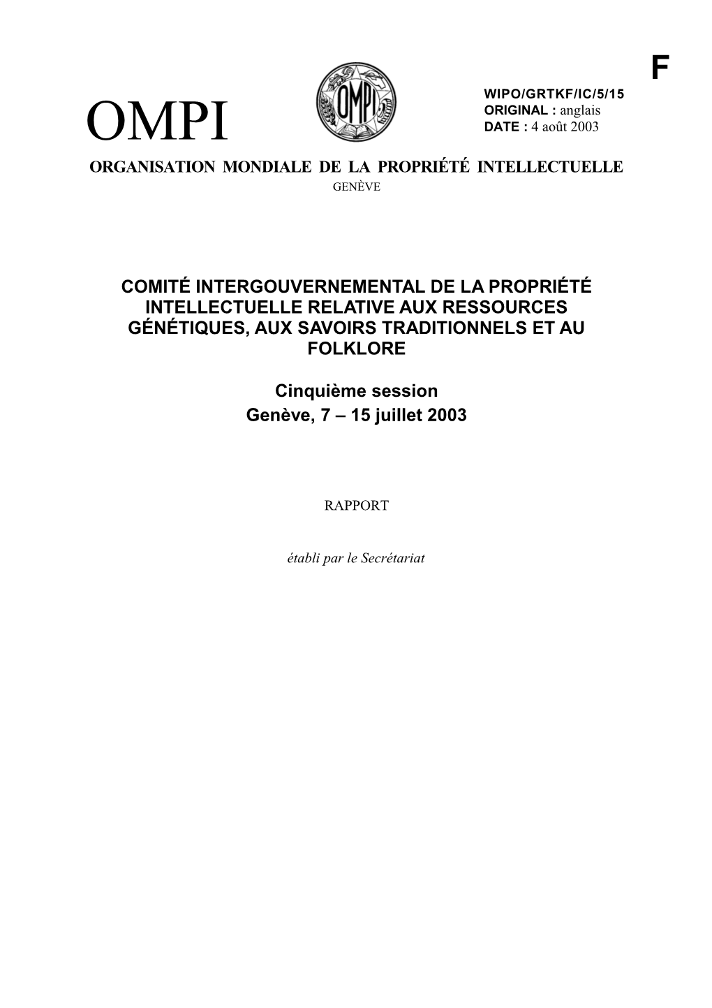 WIPO/GRTKF/IC/5/15: Rapport