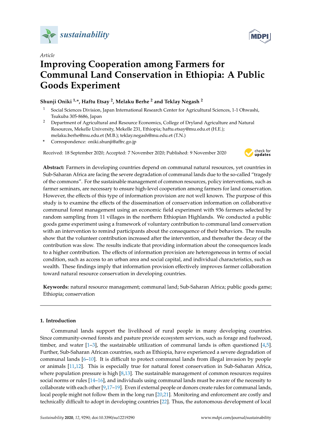 Improving Cooperation Among Farmers for Communal Land Conservation in Ethiopia: a Public Goods Experiment