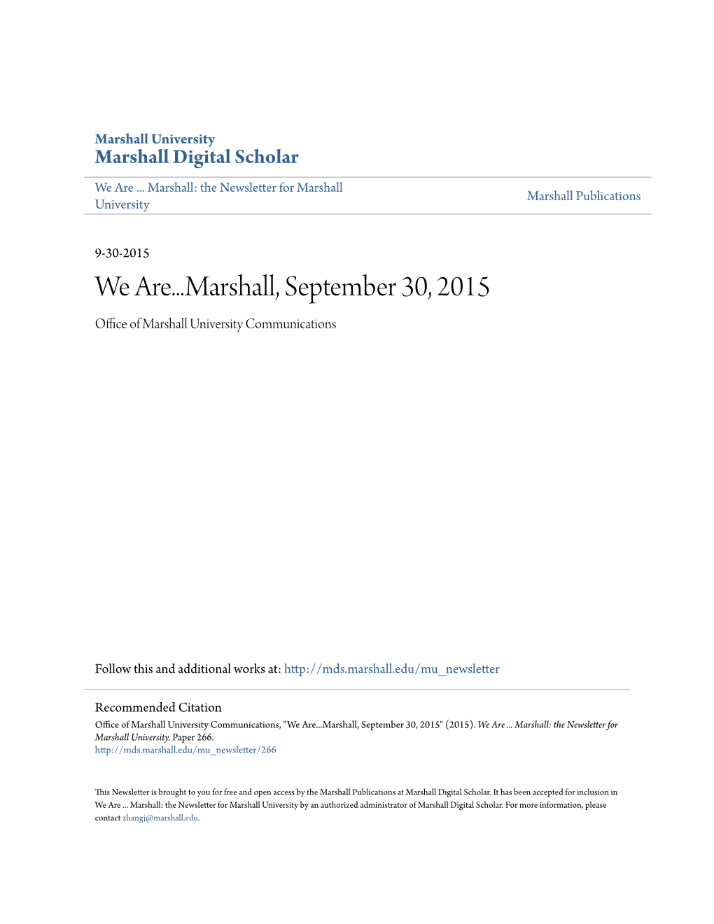 We Are...Marshall, September 30, 2015 Office Ofa M Rshall University Communications