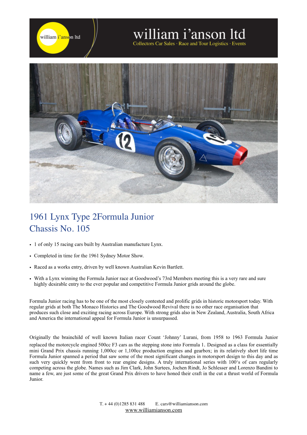 1961 Lynx Mk2 Formula Junior Chassis 105 Copy