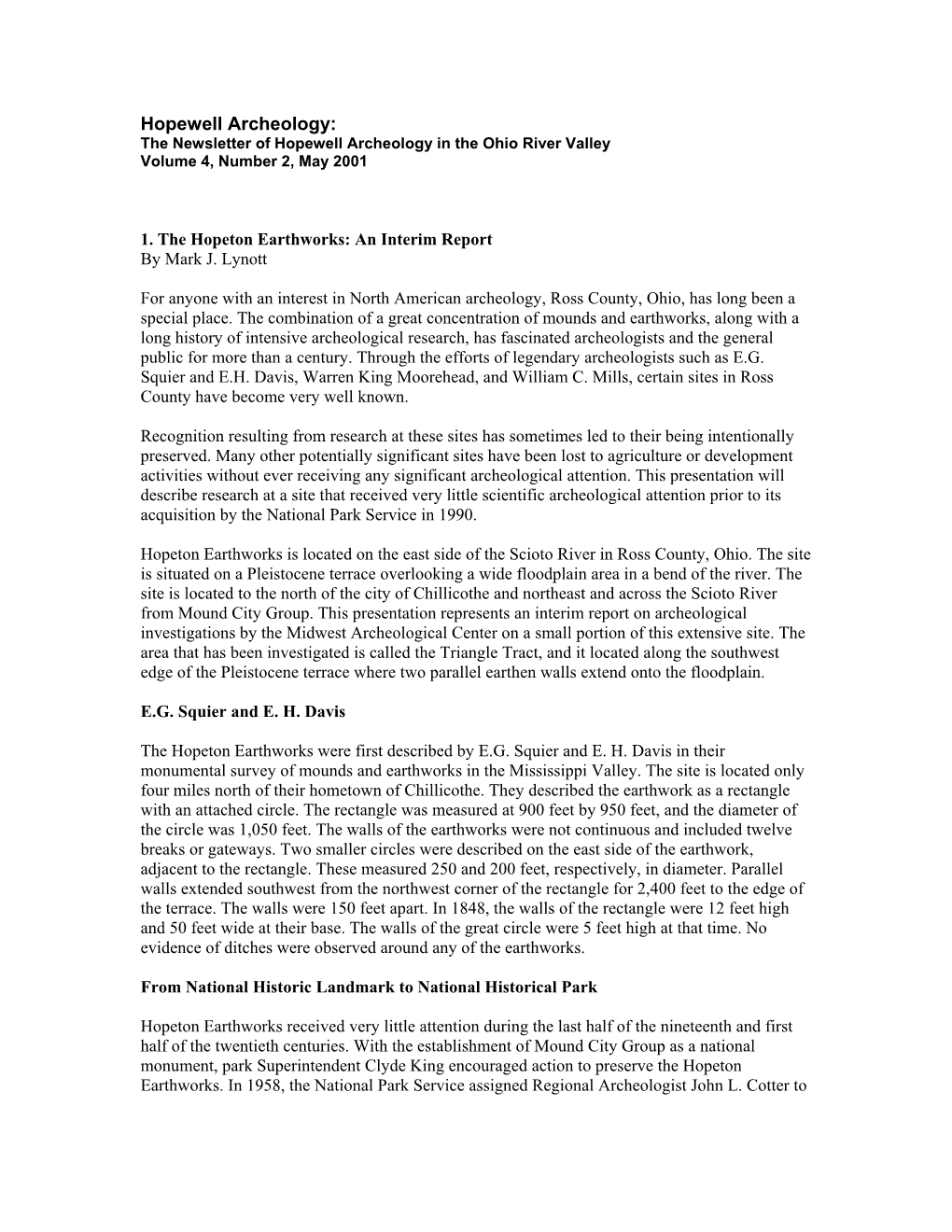 Hopewell Archeology: the Newsletter of Hopewell Archeology in the Ohio River Valley Volume 4, Number 2, May 2001