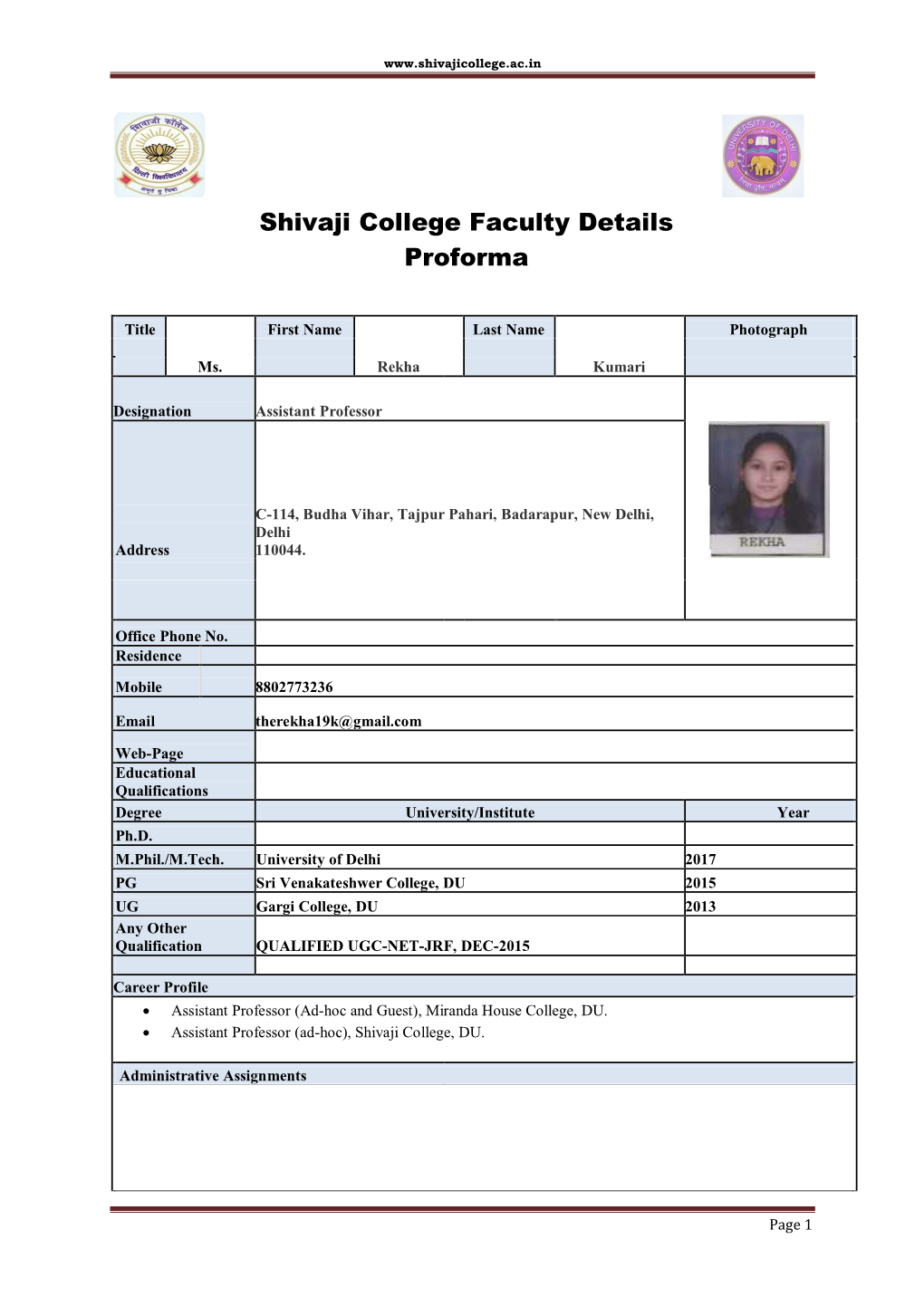 Shivaji College Faculty Details Proforma