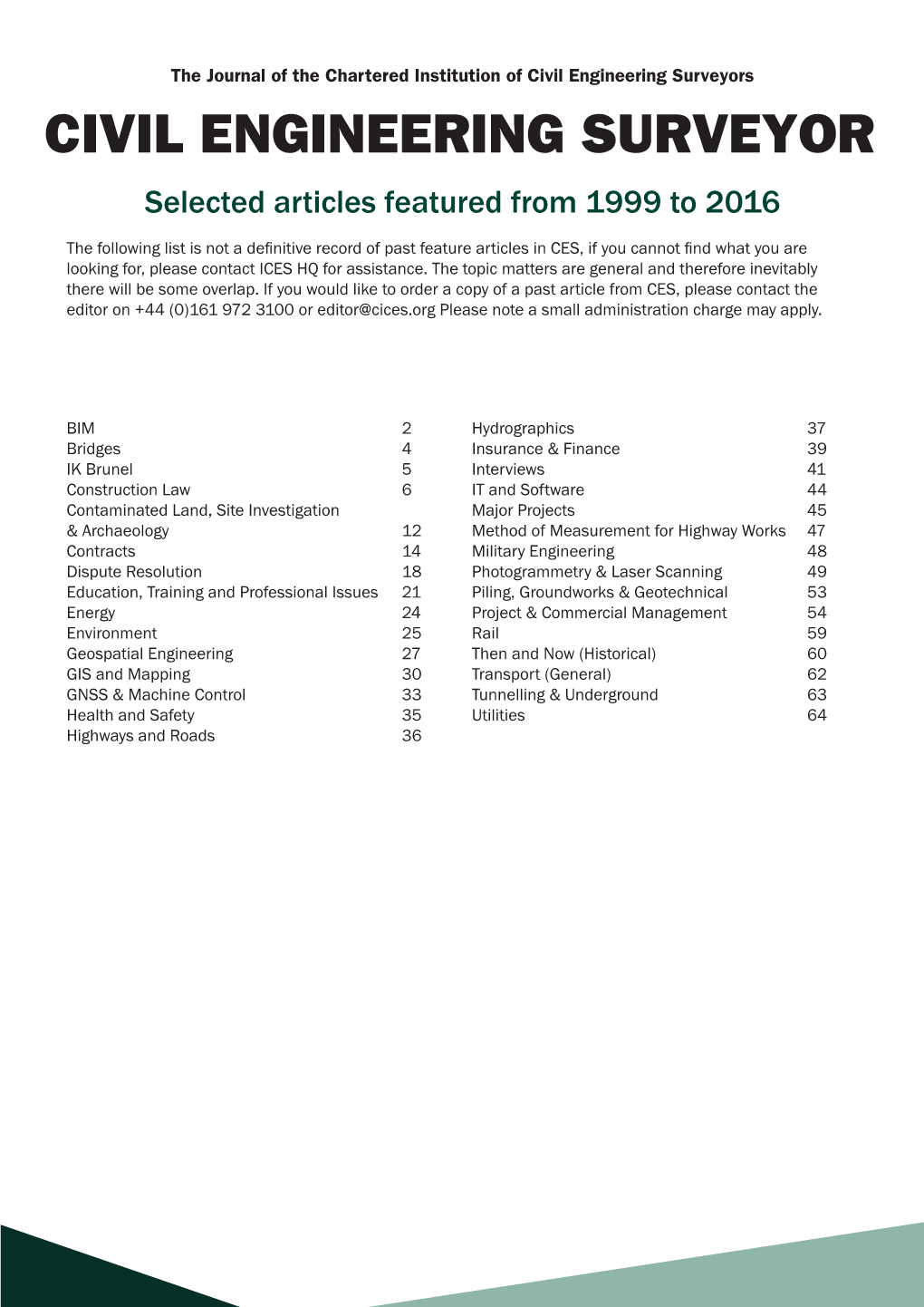 Civil Engineering Surveyors CIVIL ENGINEERING SURVEYOR Selected Articles Featured from 1999 to 2016