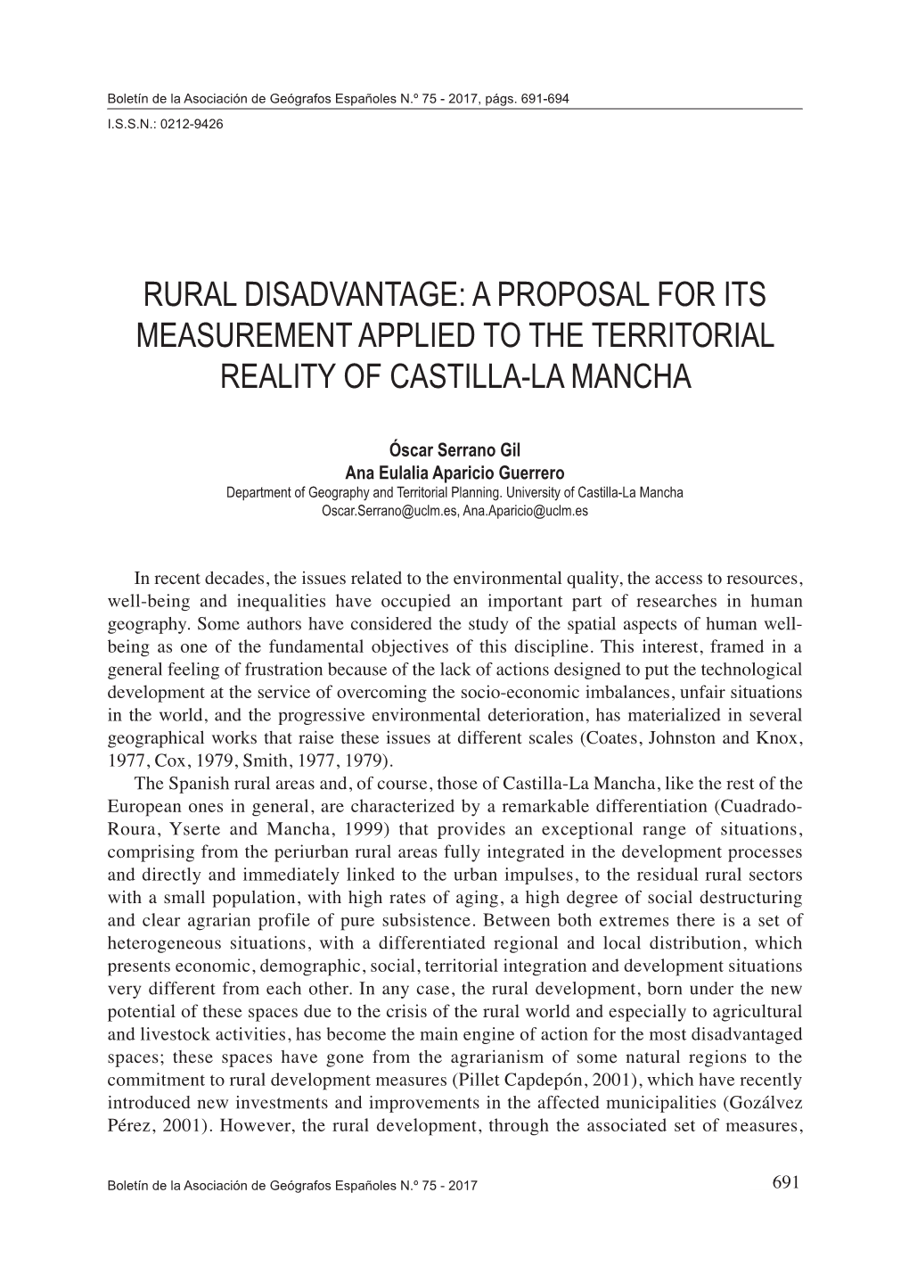 Rural Disadvantage: a Proposal for Its Measurement Applied to the Territorial Reality of Castilla-La Mancha