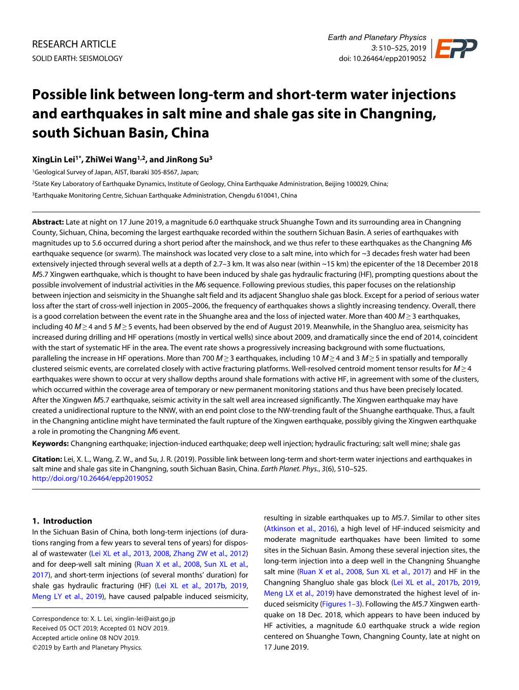 Possible Link Between Long-Term and Short-Term Water Injections and Earthquakes in Salt Mine and Shale Gas Site in Changning, South Sichuan Basin, China